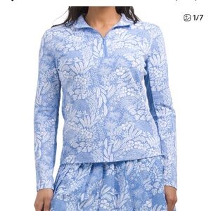 Tommy Bahama active Blue and White Floral Mock neck half zip.